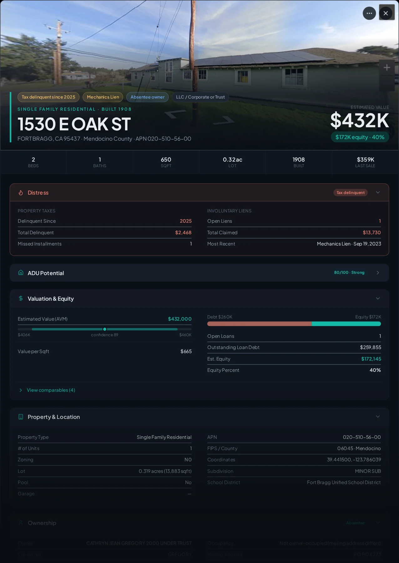 A real Fort Bragg, California tax-delinquent property record in Properant — unpaid taxes, liens, owner, loans and equity on one page