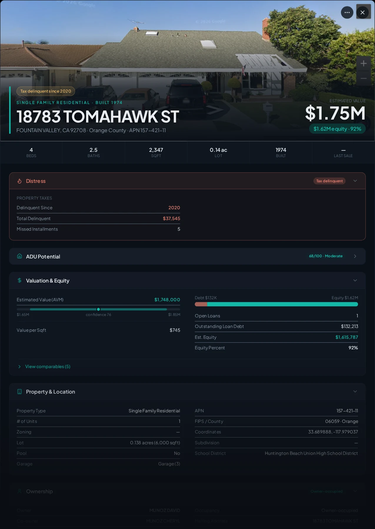 A real Fountain Valley, California tax-delinquent property record in Properant — unpaid taxes, liens, owner, loans and equity on one page
