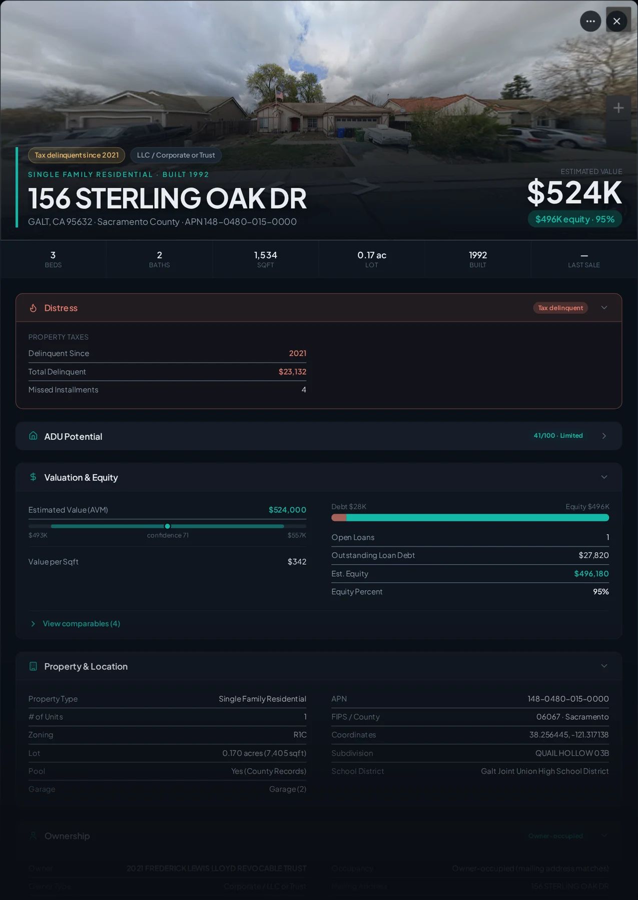 A real Galt, California tax-delinquent property record in Properant — unpaid taxes, liens, owner, loans and equity on one page