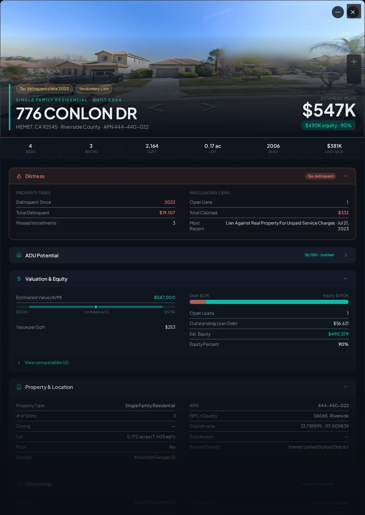 A real Hemet, California tax-delinquent property record in Properant — unpaid taxes, liens, owner, loans and equity on one page