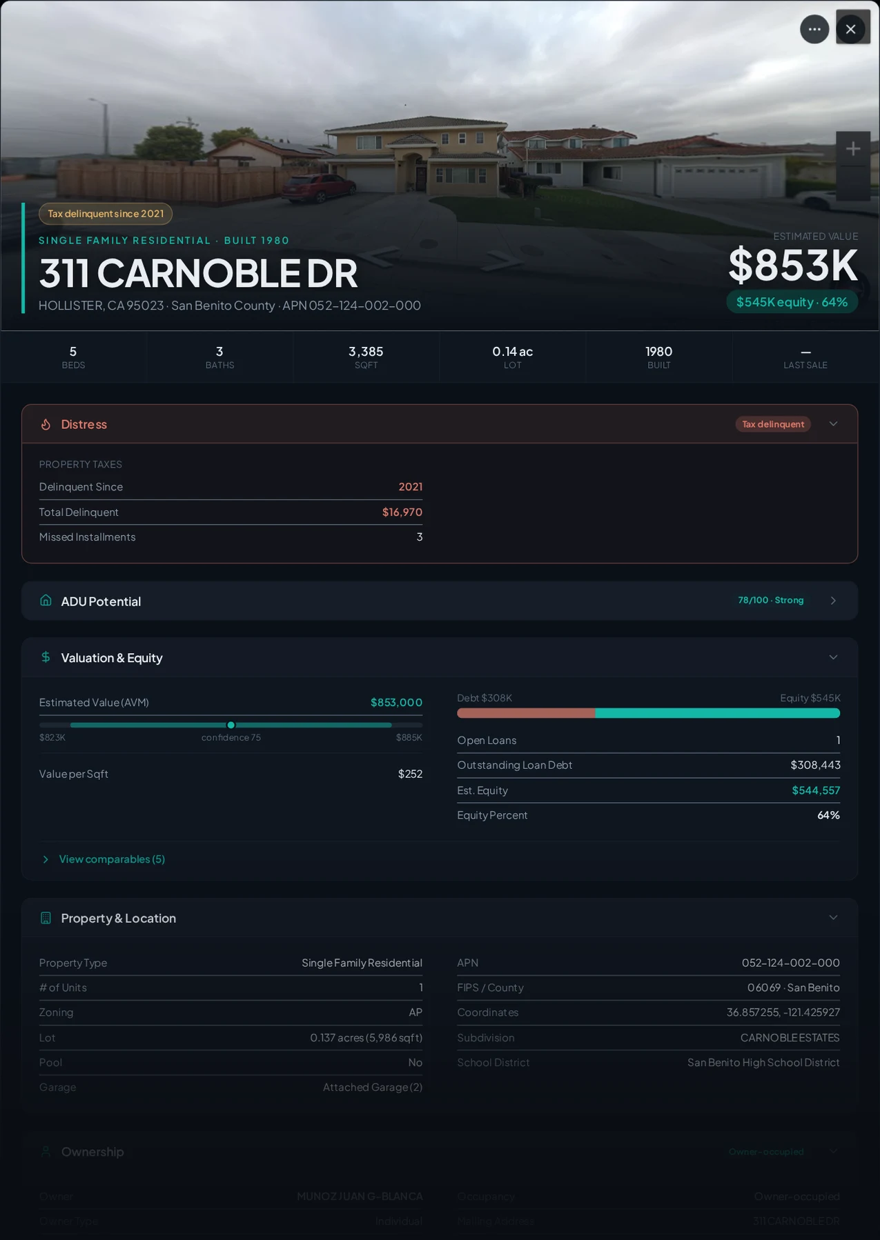 A real Hollister, California tax-delinquent property record in Properant — unpaid taxes, liens, owner, loans and equity on one page