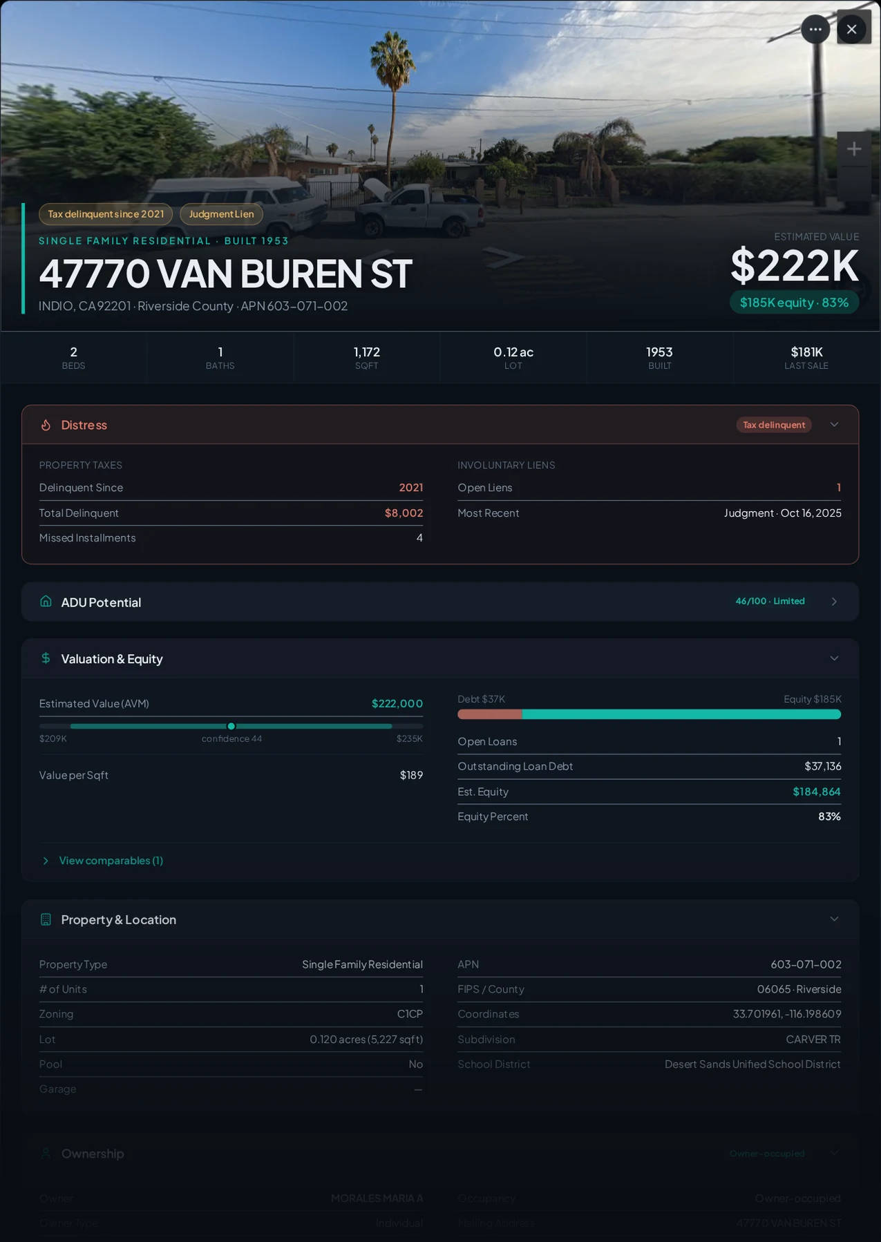 A real Indio, California tax-delinquent property record in Properant — unpaid taxes, liens, owner, loans and equity on one page