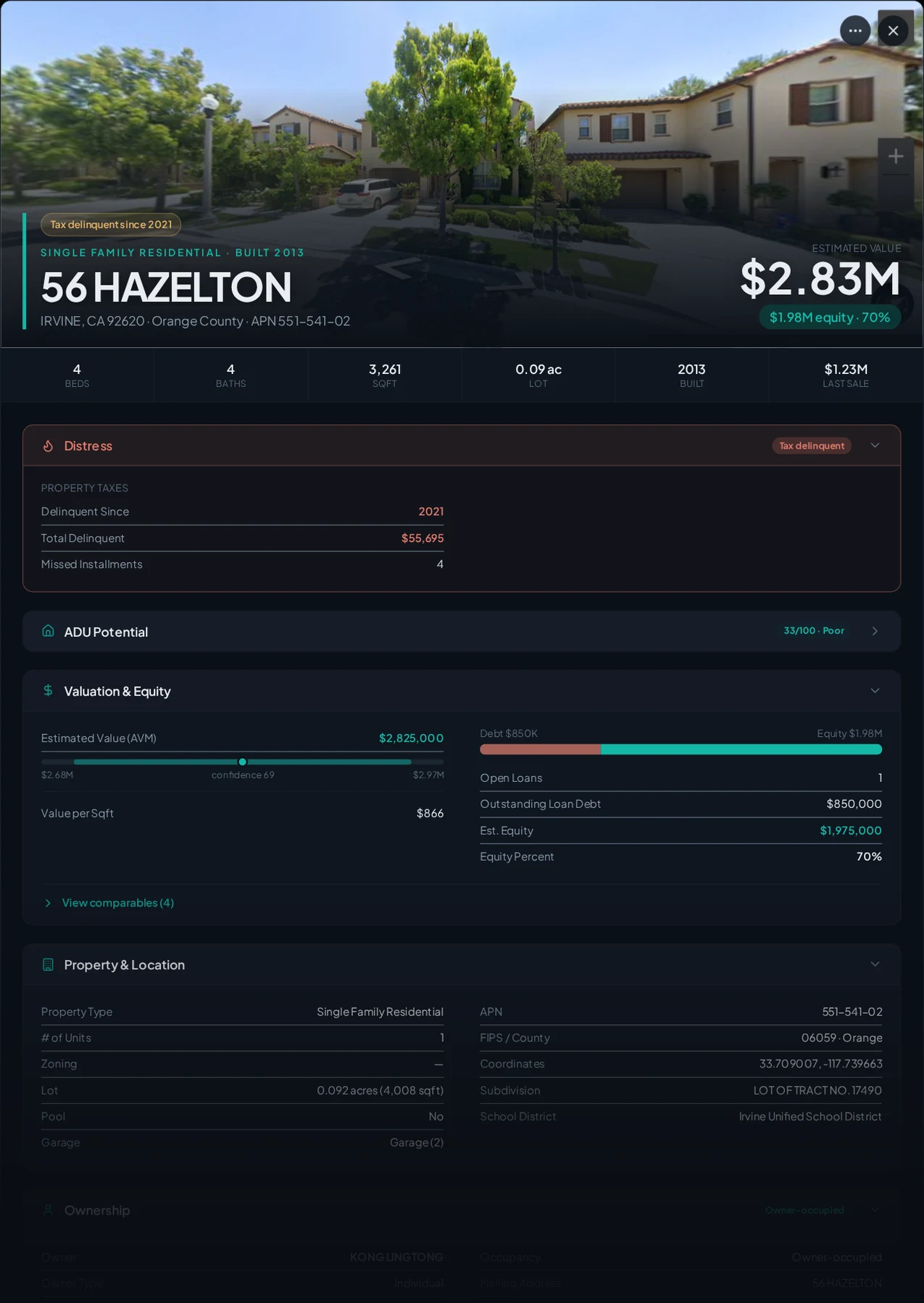 A real Irvine, California tax-delinquent property record in Properant — unpaid taxes, liens, owner, loans and equity on one page