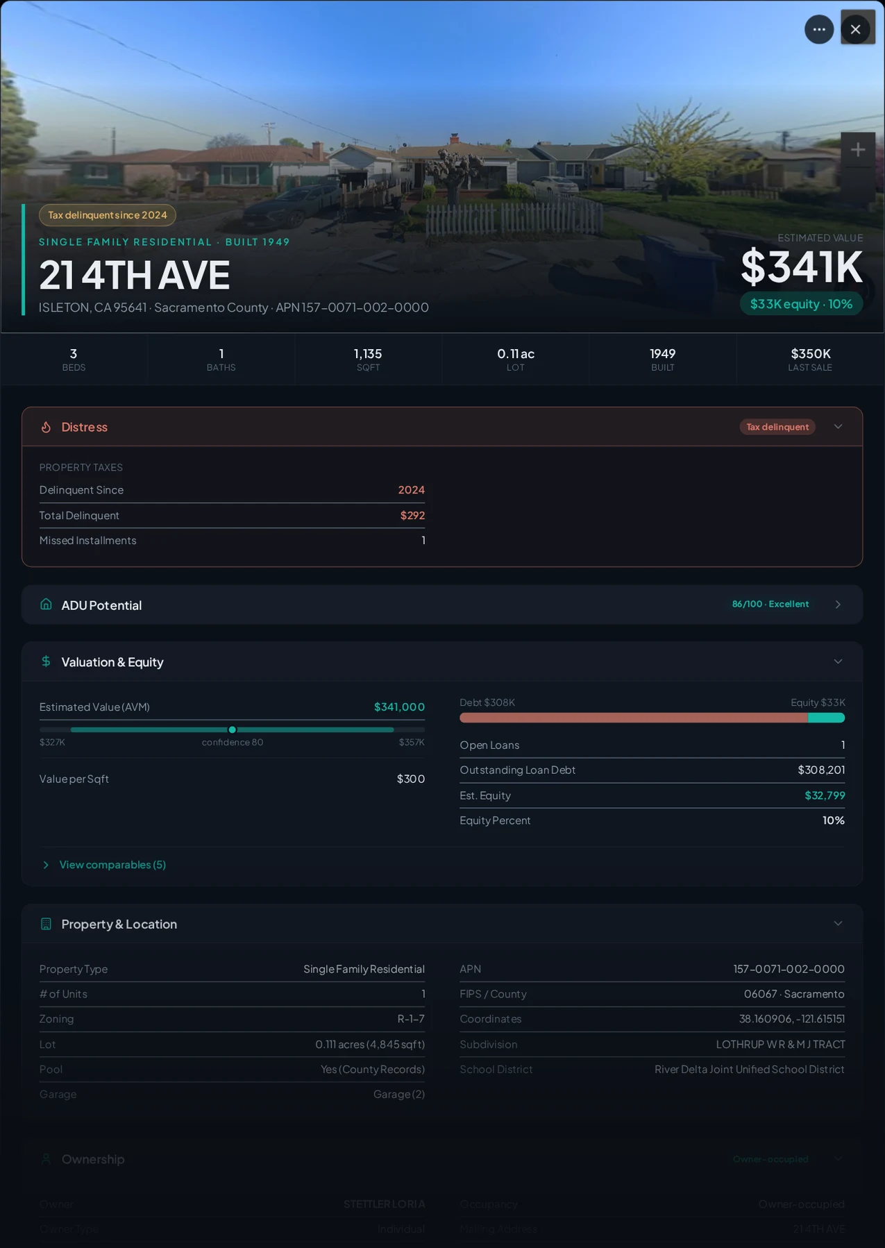 A real Isleton, California tax-delinquent property record in Properant — unpaid taxes, liens, owner, loans and equity on one page