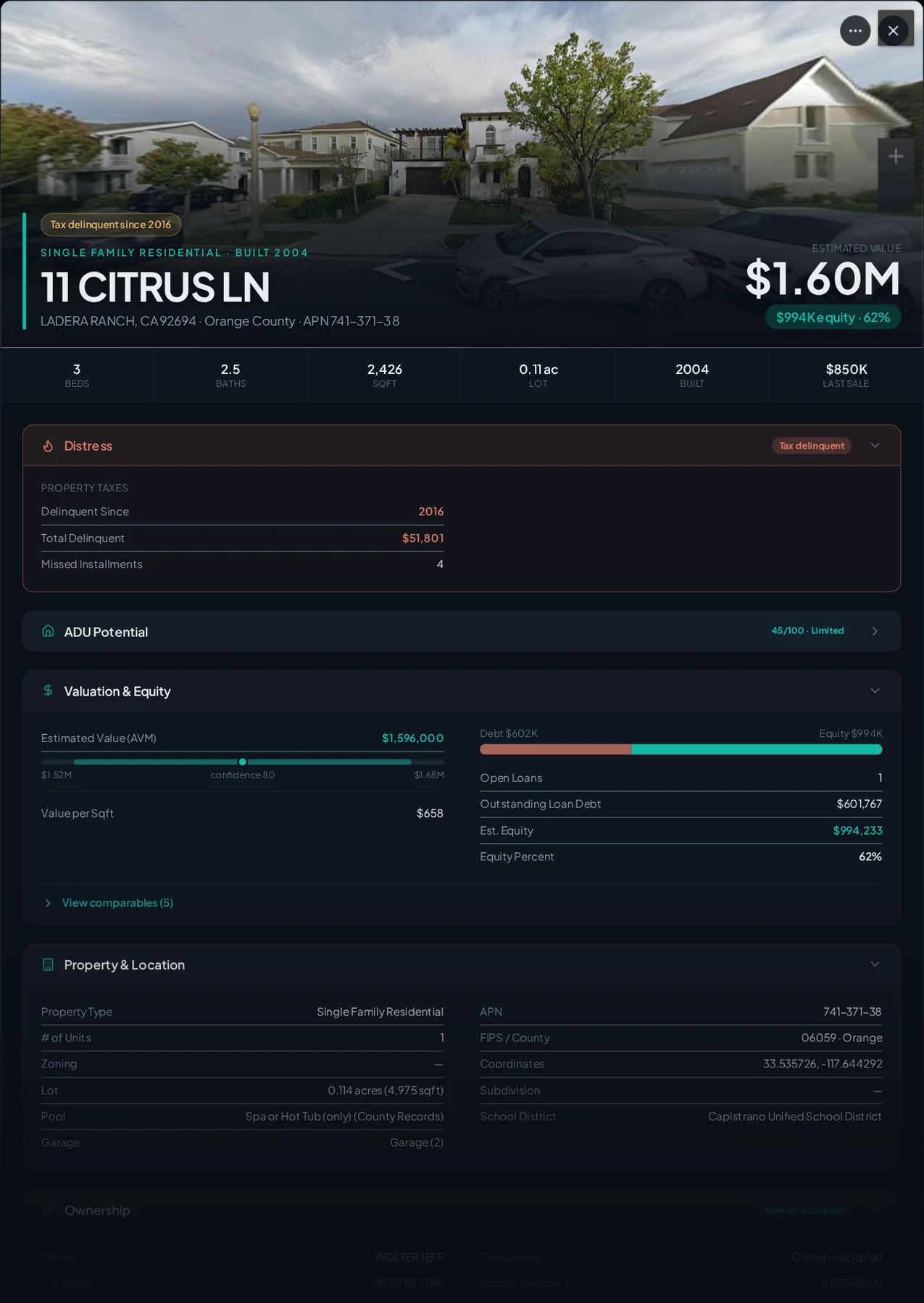 A real Ladera Ranch, California tax-delinquent property record in Properant — unpaid taxes, liens, owner, loans and equity on one page