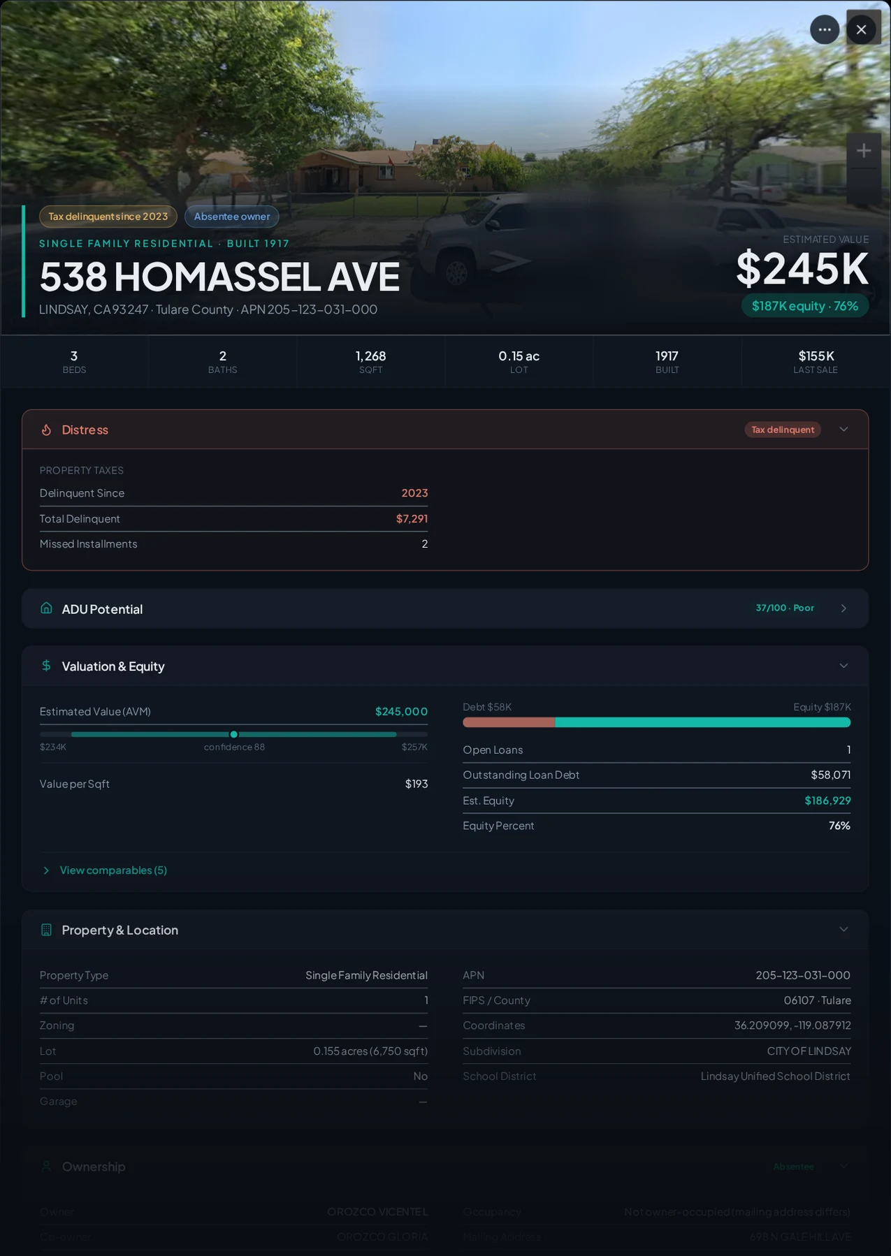 A real Lindsay, California tax-delinquent property record in Properant — unpaid taxes, liens, owner, loans and equity on one page