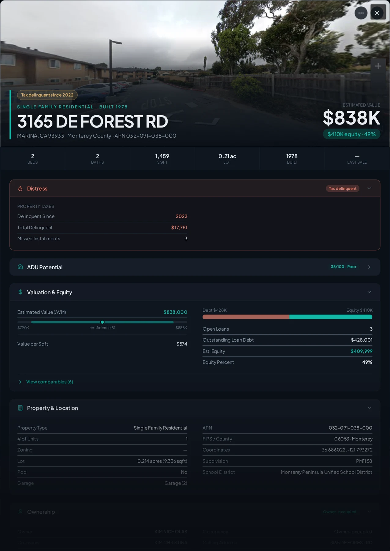 A real Marina, California tax-delinquent property record in Properant — unpaid taxes, liens, owner, loans and equity on one page