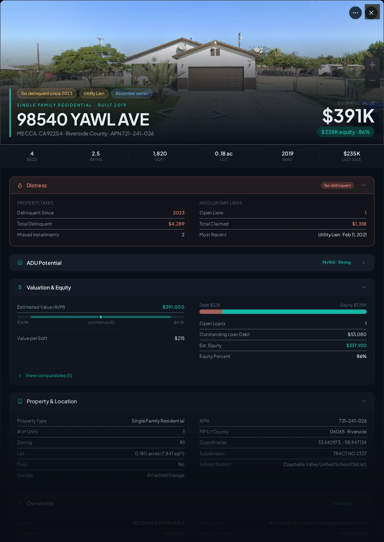 A real Mecca, California tax-delinquent property record in Properant — unpaid taxes, liens, owner, loans and equity on one page