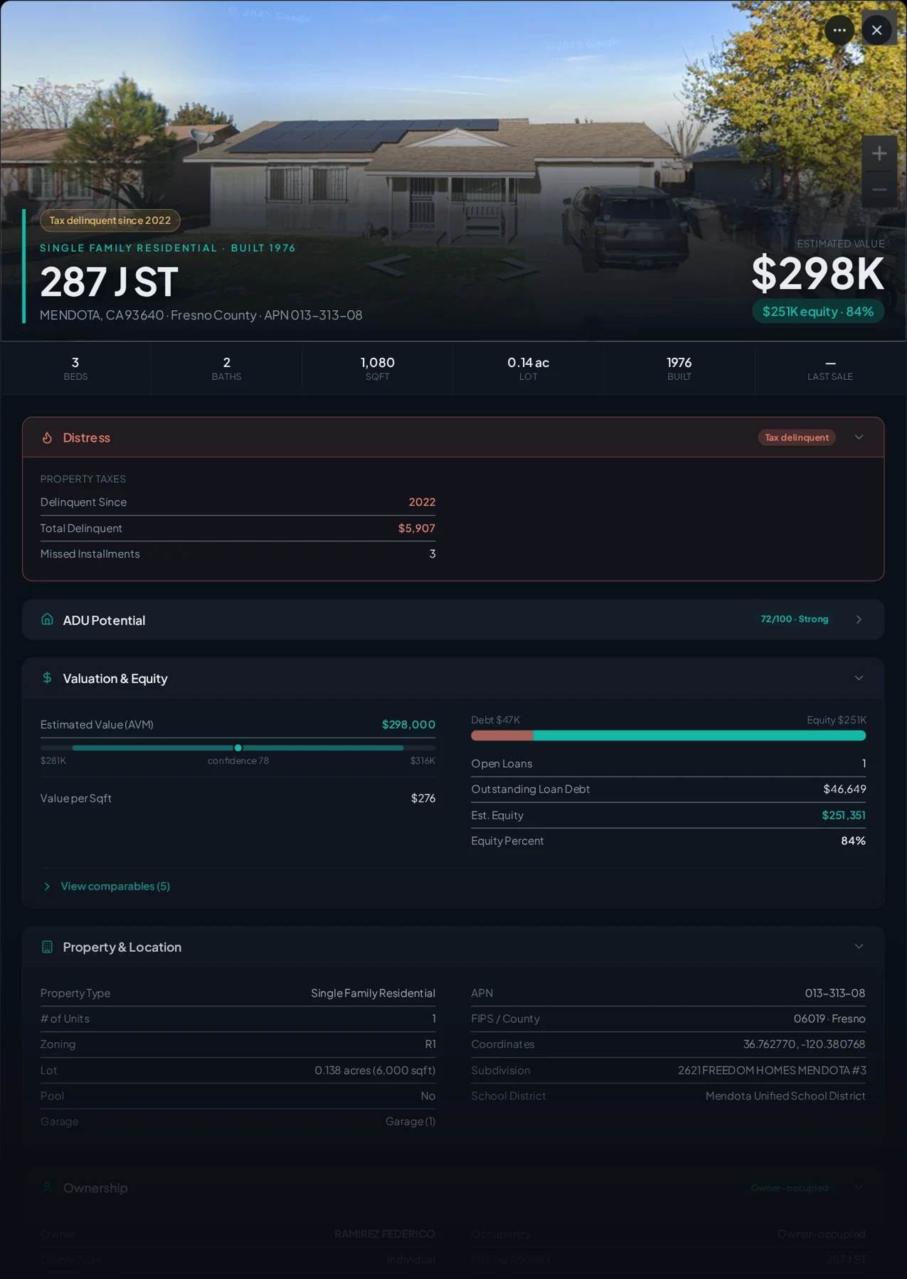 A real Mendota, California tax-delinquent property record in Properant — unpaid taxes, liens, owner, loans and equity on one page