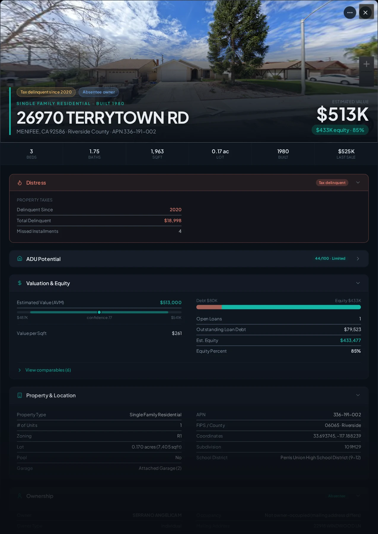 A real Menifee, California tax-delinquent property record in Properant — unpaid taxes, liens, owner, loans and equity on one page