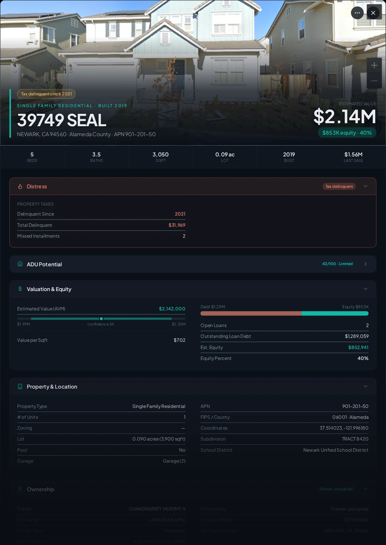 A real Newark, California tax-delinquent property record in Properant — unpaid taxes, liens, owner, loans and equity on one page