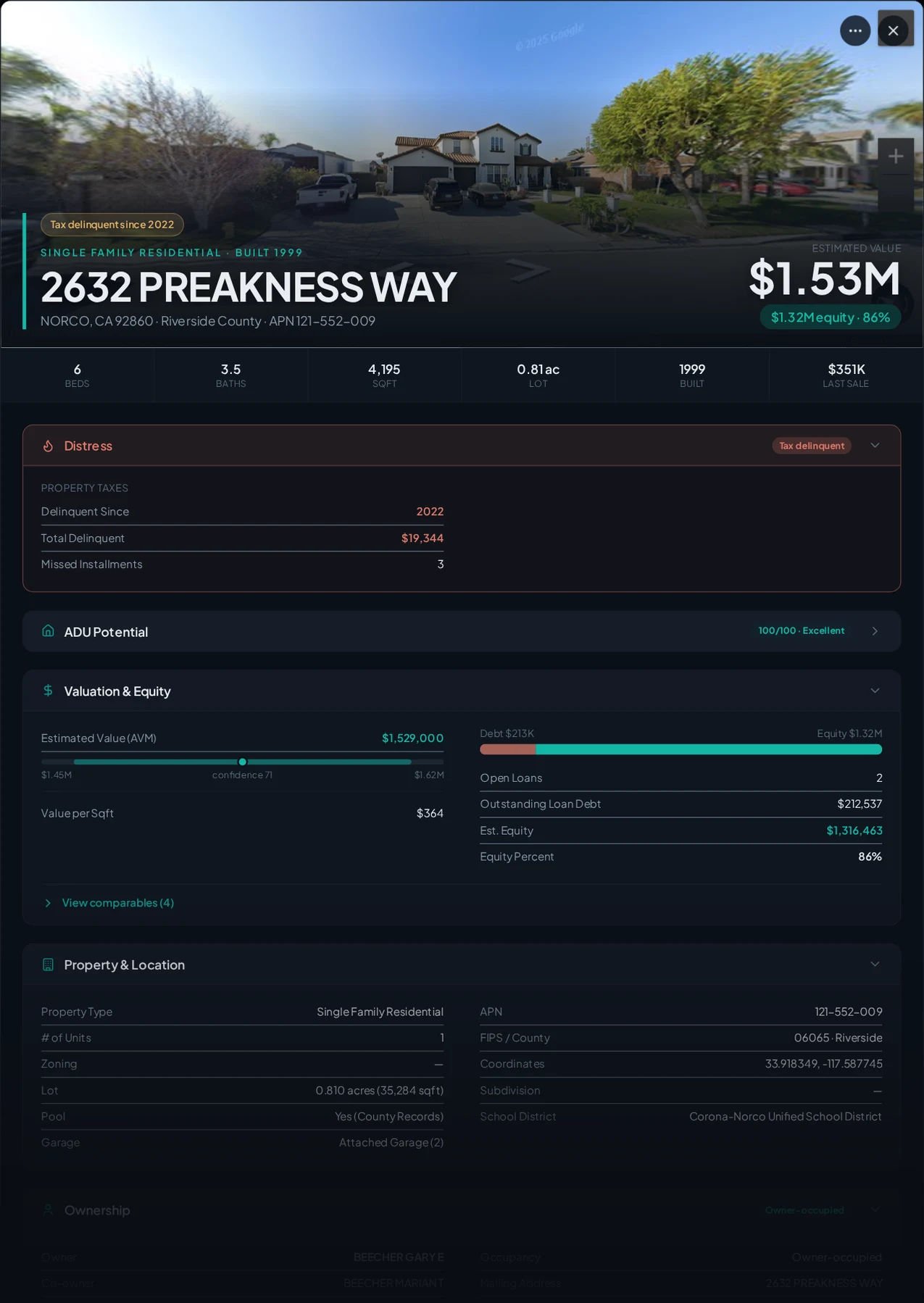 A real Norco, California tax-delinquent property record in Properant — unpaid taxes, liens, owner, loans and equity on one page