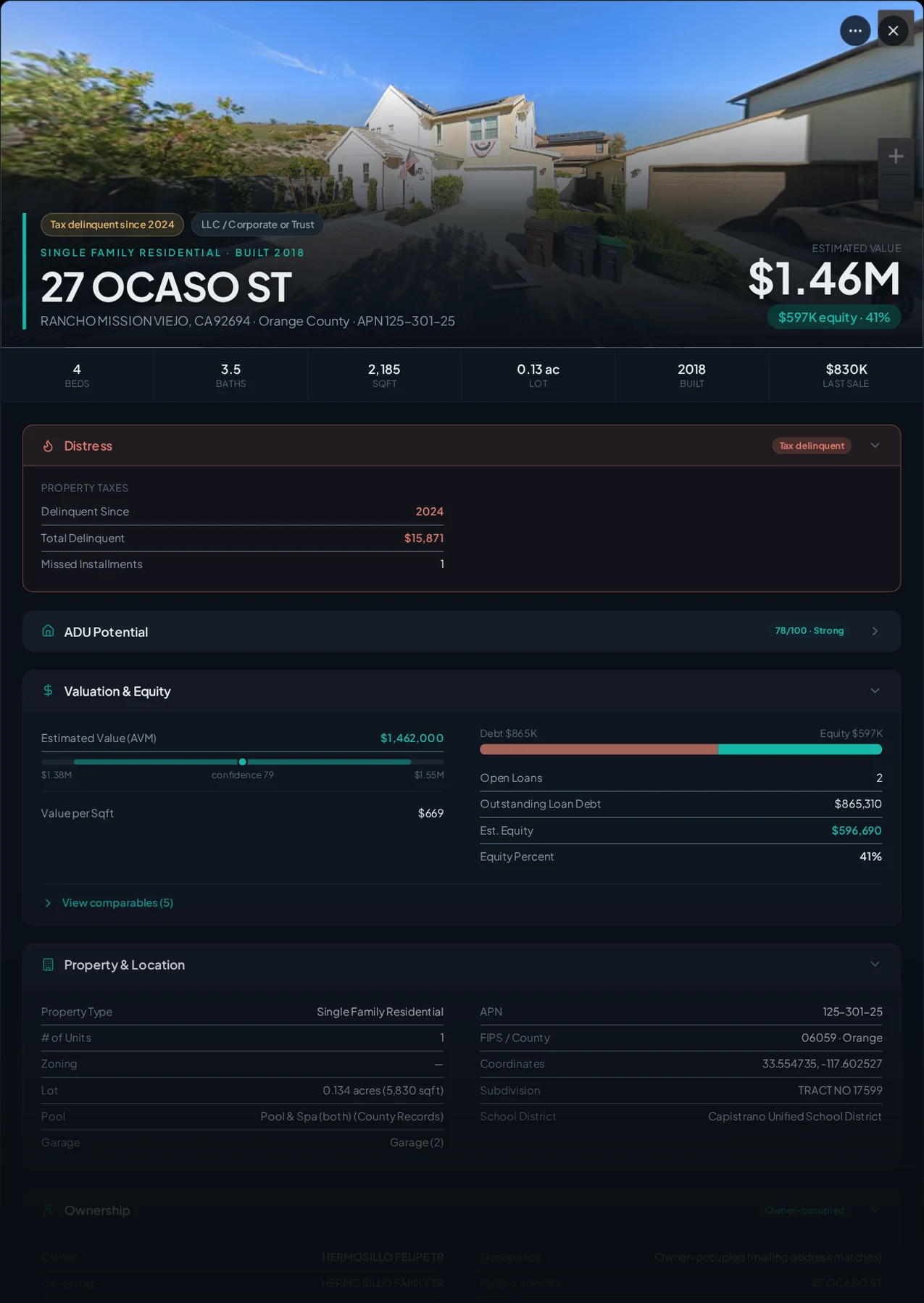 A real Rancho Mission Viejo, California tax-delinquent property record in Properant — unpaid taxes, liens, owner, loans and equity on one page