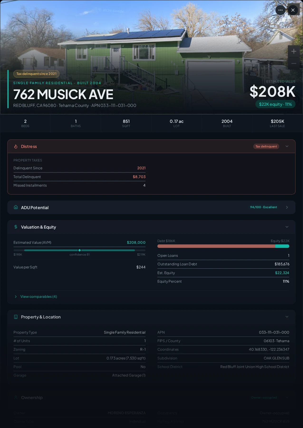 A real Red Bluff, California tax-delinquent property record in Properant — unpaid taxes, liens, owner, loans and equity on one page