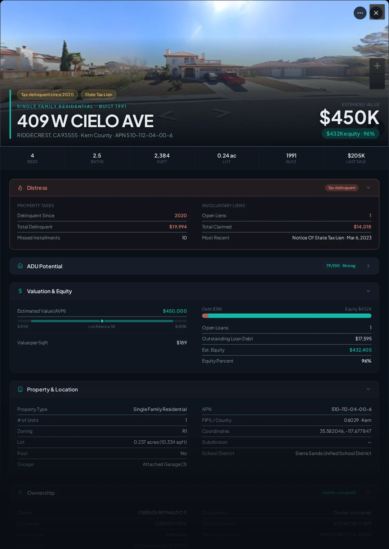 A real Ridgecrest, California tax-delinquent property record in Properant — unpaid taxes, liens, owner, loans and equity on one page