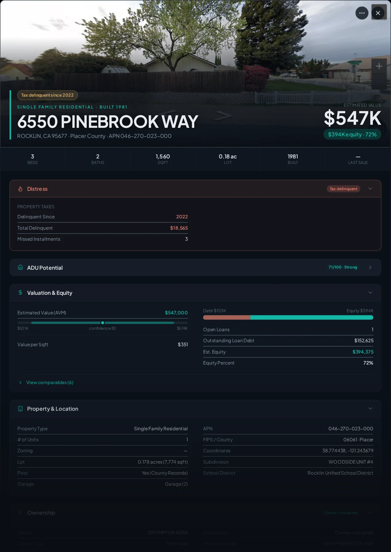 A real Rocklin, California tax-delinquent property record in Properant — unpaid taxes, liens, owner, loans and equity on one page