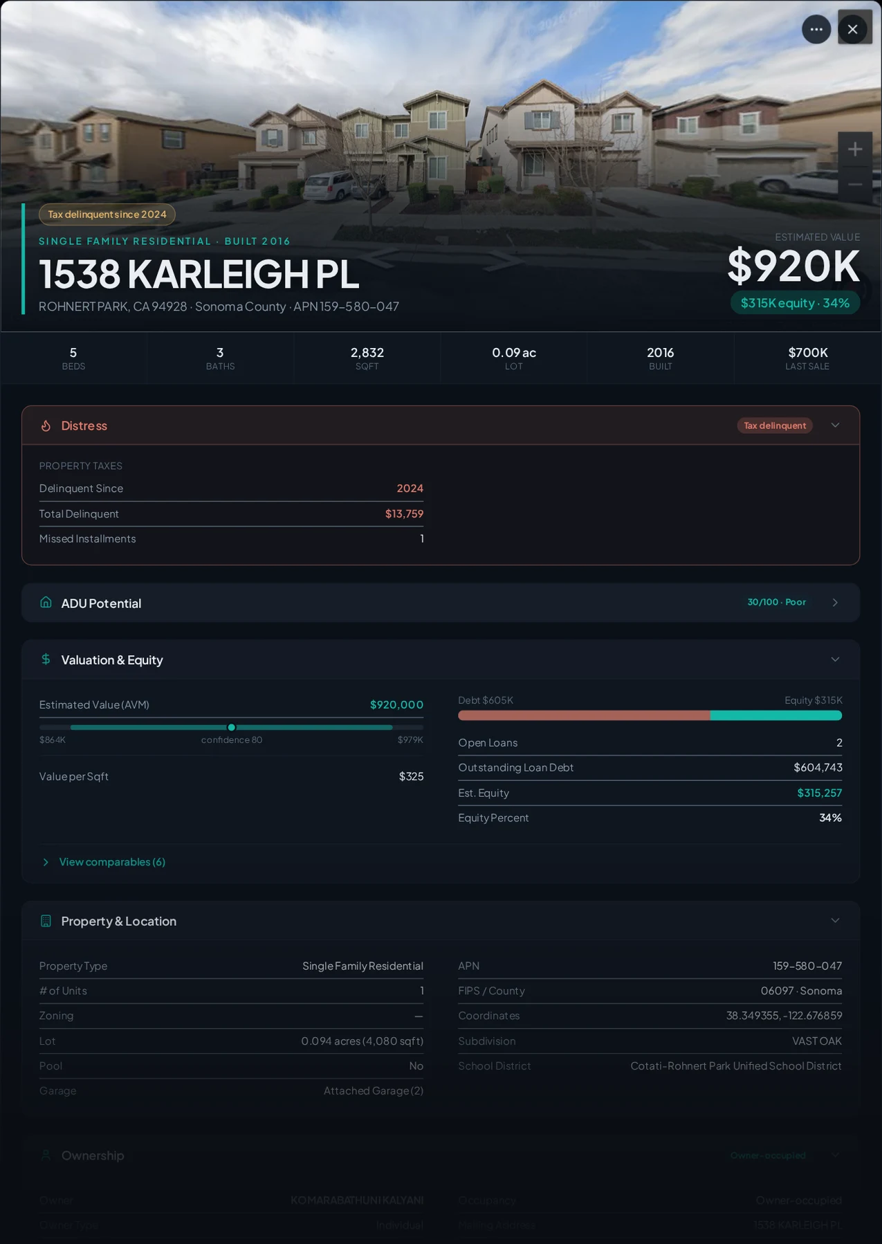 A real Rohnert Park, California tax-delinquent property record in Properant — unpaid taxes, liens, owner, loans and equity on one page