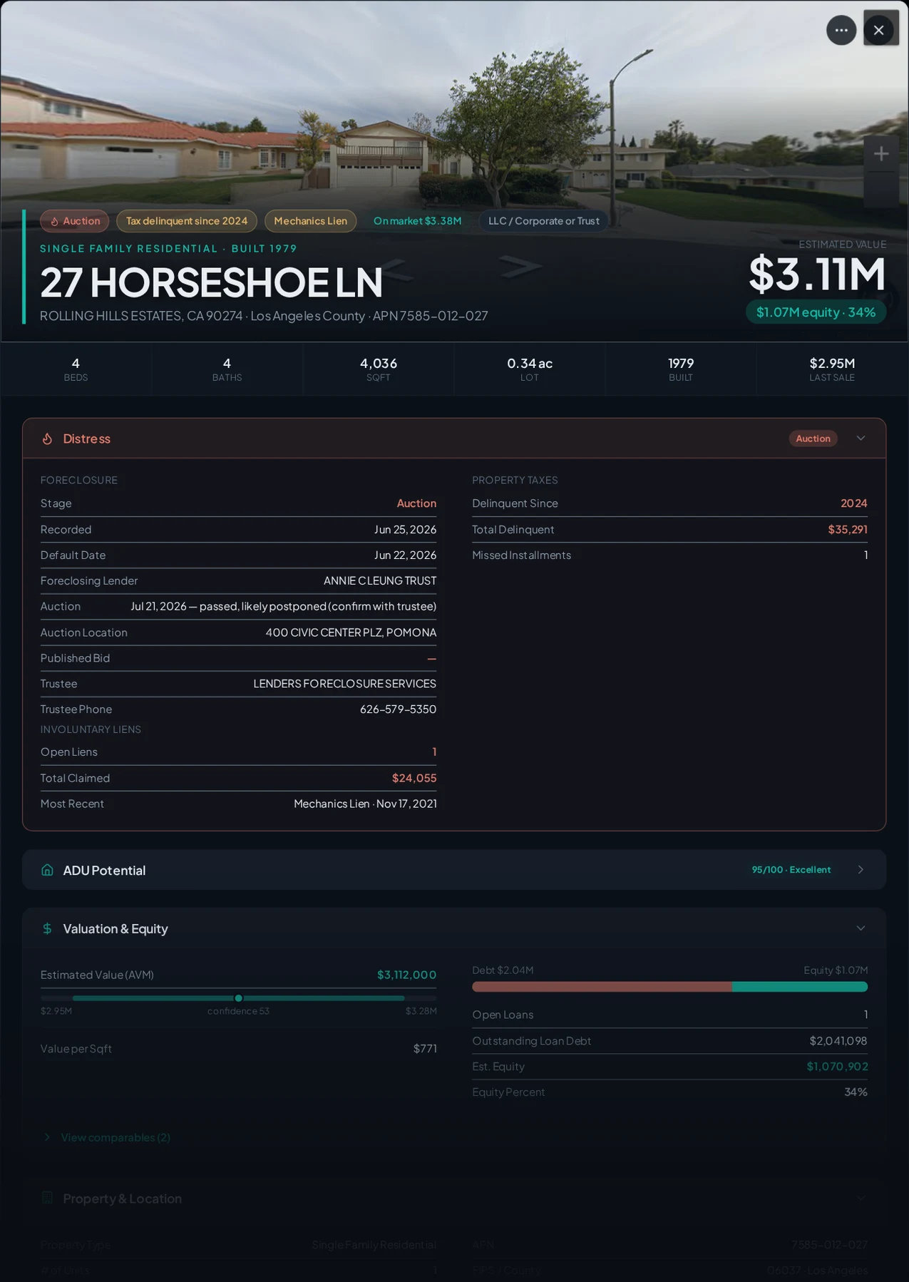 A real Rolling Hills Estates, California tax-delinquent property record in Properant — unpaid taxes, liens, owner, loans and equity on one page