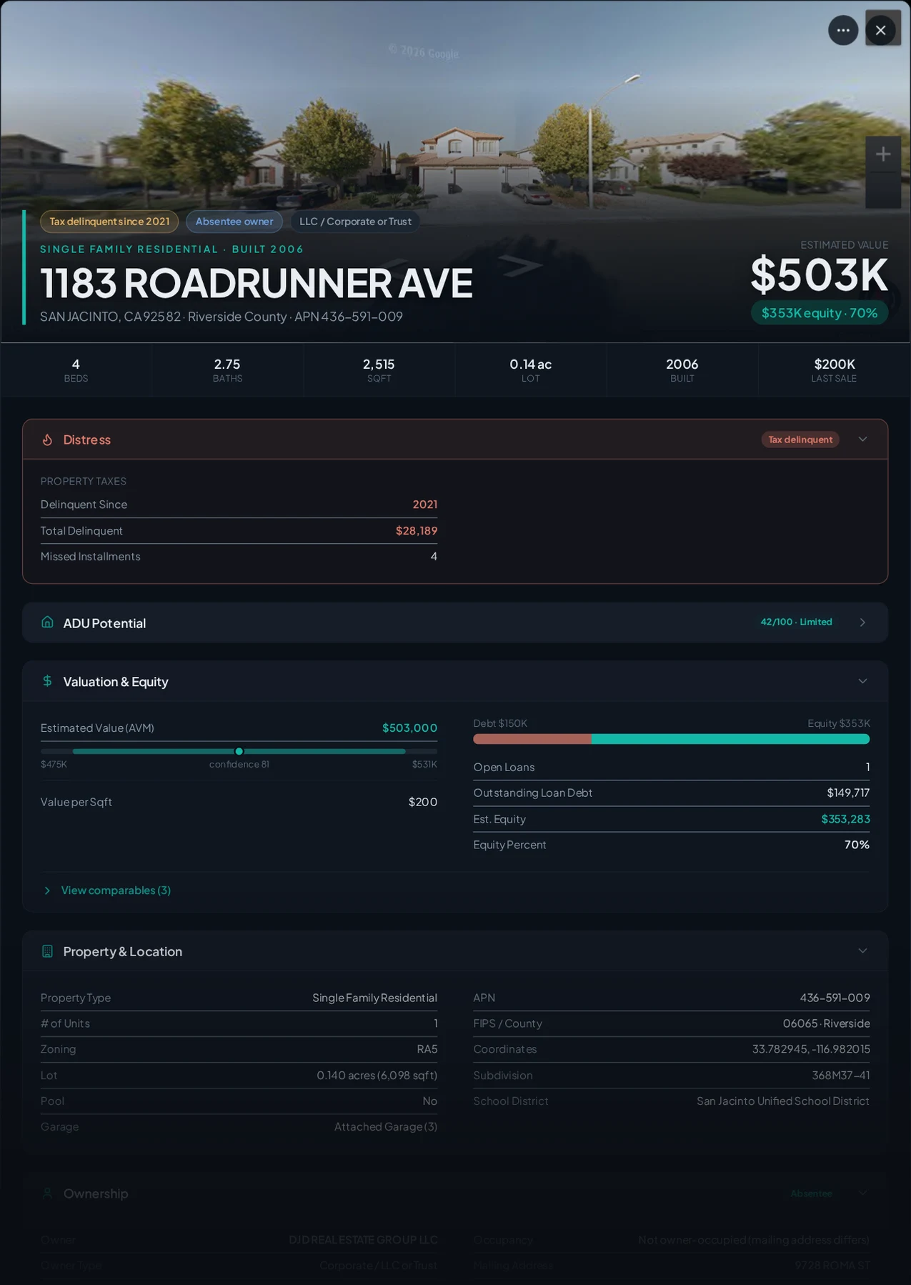 A real San Jacinto, California tax-delinquent property record in Properant — unpaid taxes, liens, owner, loans and equity on one page