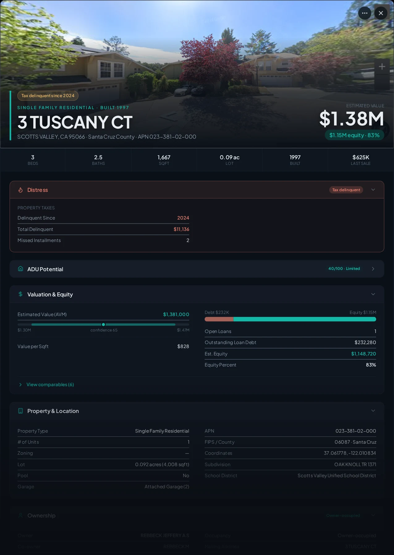A real Scotts Valley, California tax-delinquent property record in Properant — unpaid taxes, liens, owner, loans and equity on one page