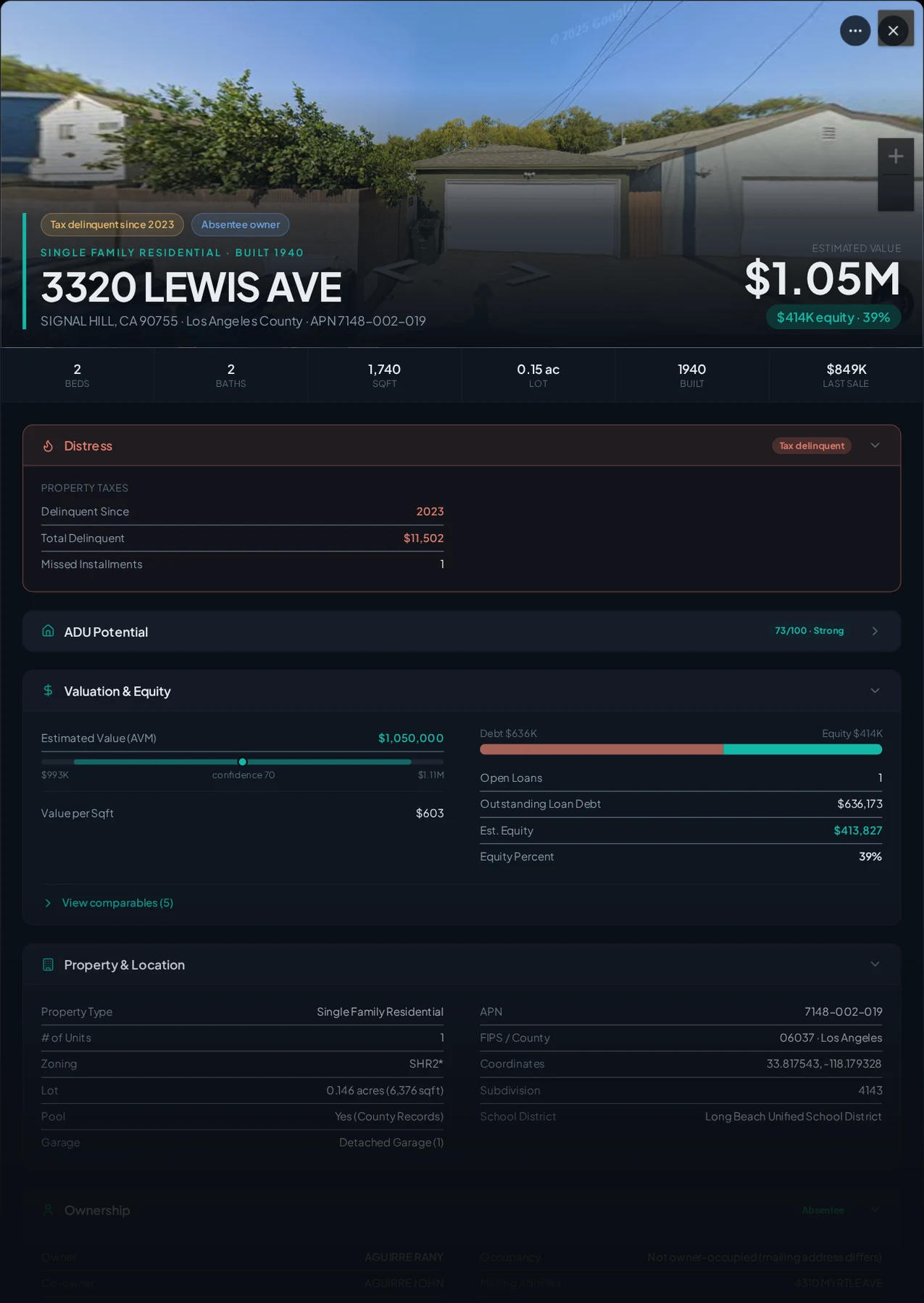 A real Signal Hill, California tax-delinquent property record in Properant — unpaid taxes, liens, owner, loans and equity on one page