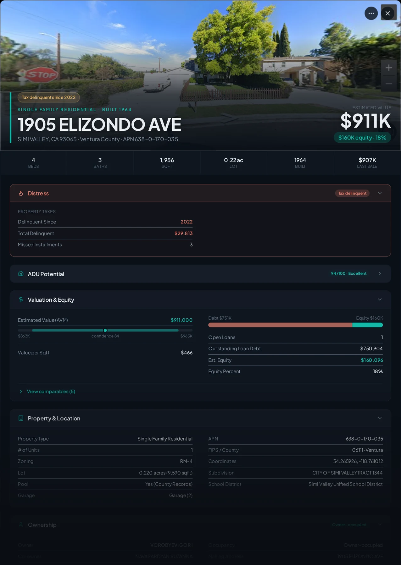 A real Simi Valley, California tax-delinquent property record in Properant — unpaid taxes, liens, owner, loans and equity on one page