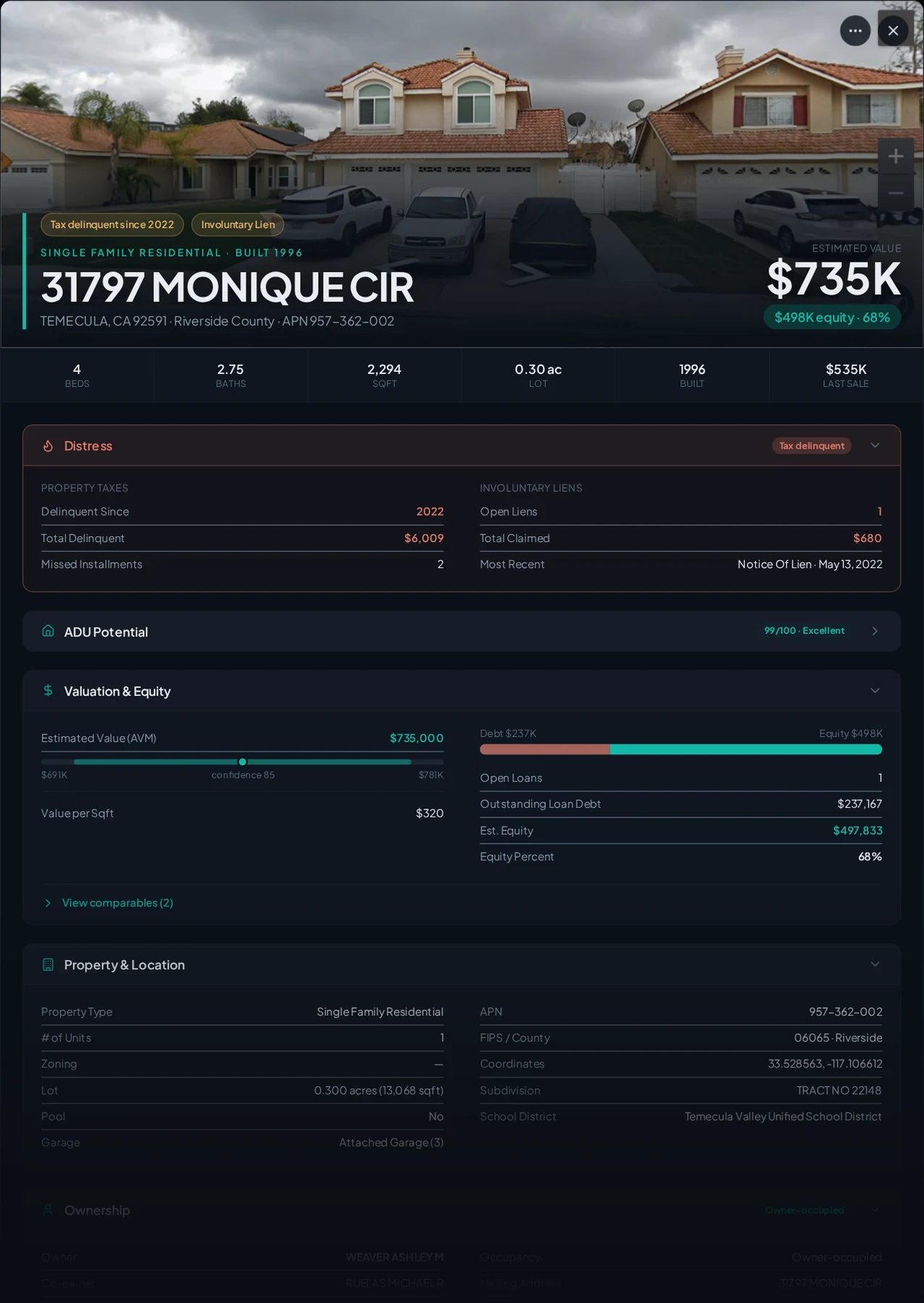 A real Temecula, California tax-delinquent property record in Properant — unpaid taxes, liens, owner, loans and equity on one page