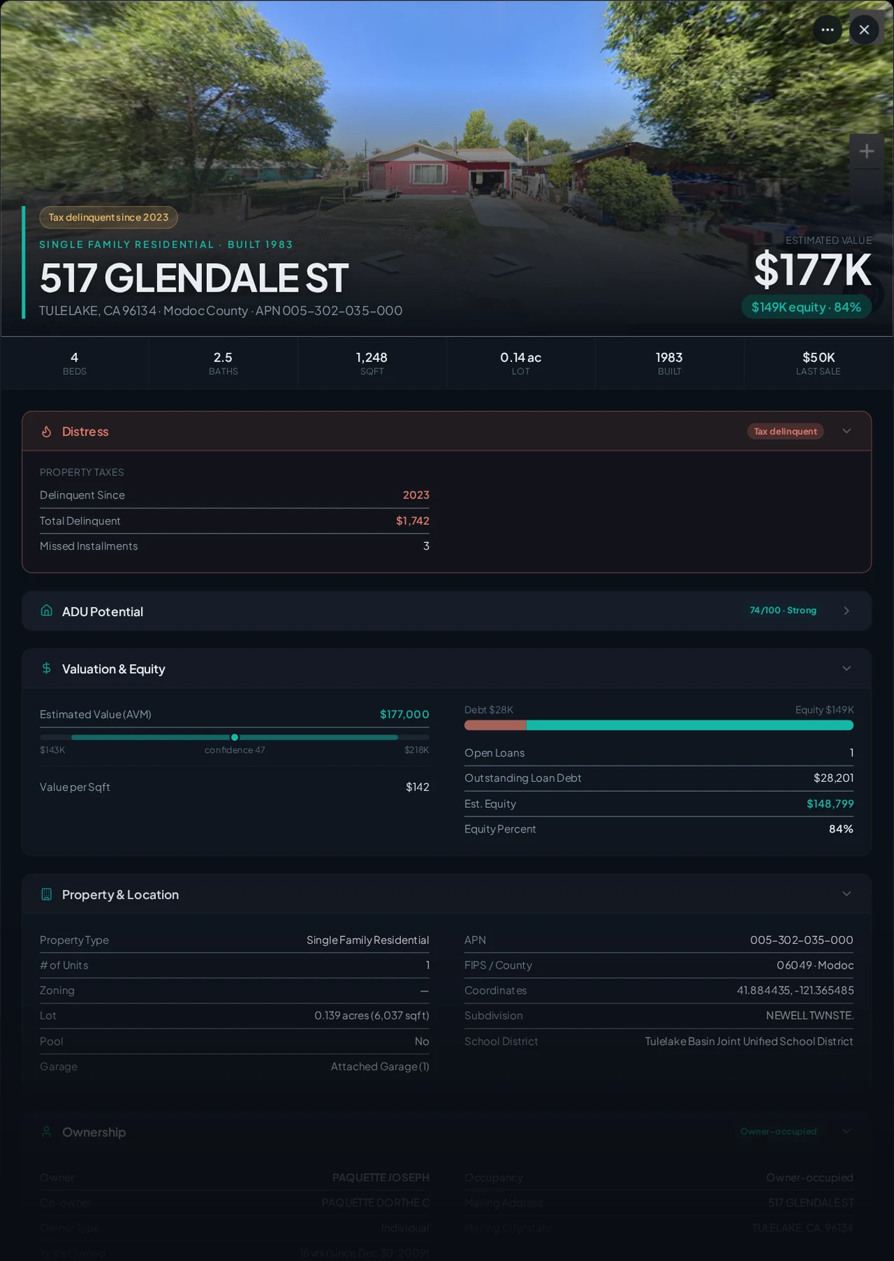 A real Tulelake, California tax-delinquent property record in Properant — unpaid taxes, liens, owner, loans and equity on one page