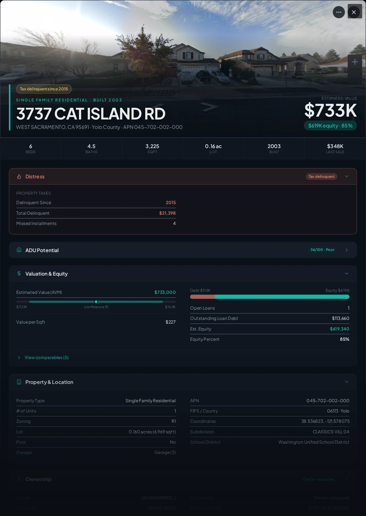 A real West Sacramento, California tax-delinquent property record in Properant — unpaid taxes, liens, owner, loans and equity on one page