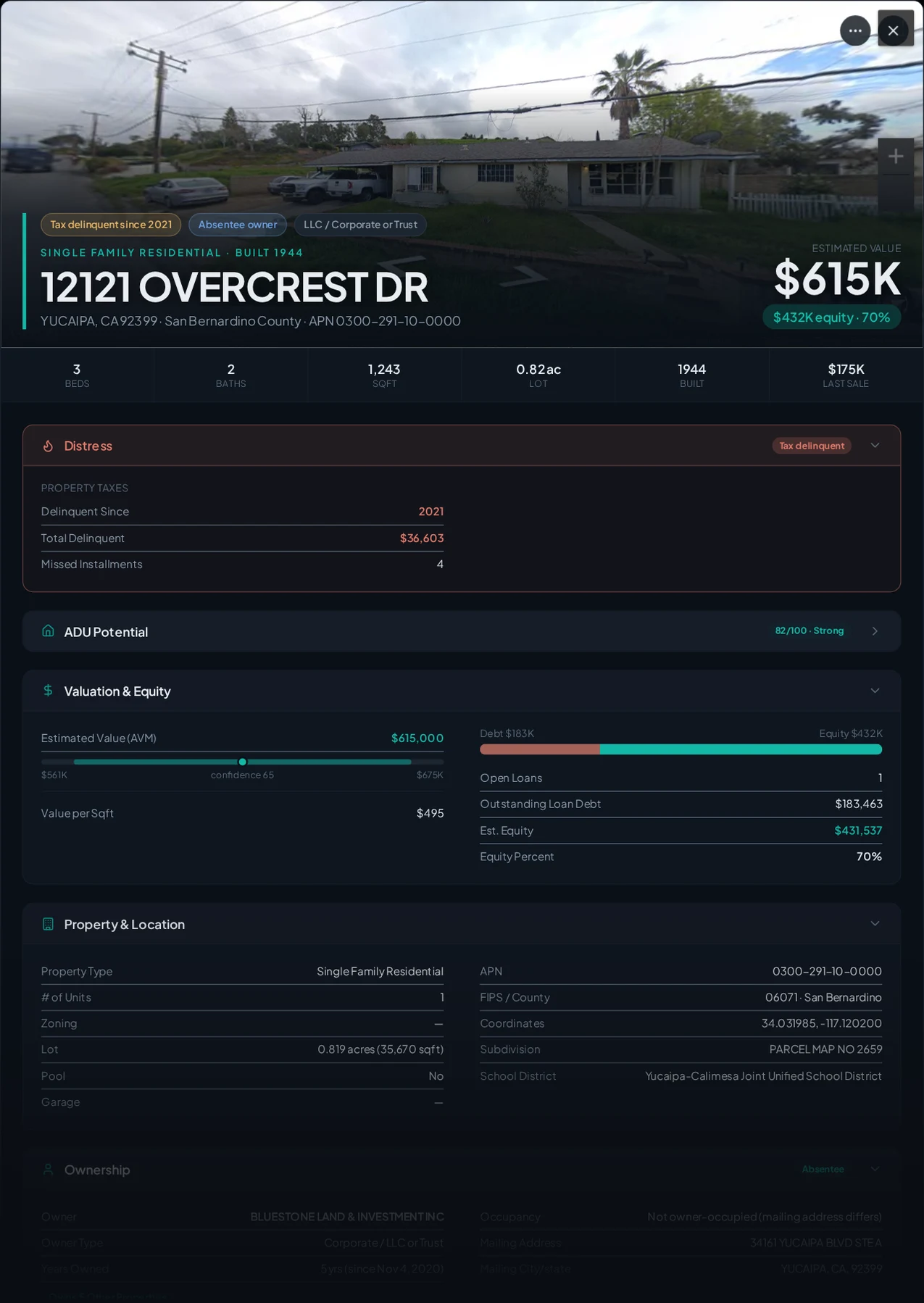 A real Yucaipa, California tax-delinquent property record in Properant — unpaid taxes, liens, owner, loans and equity on one page