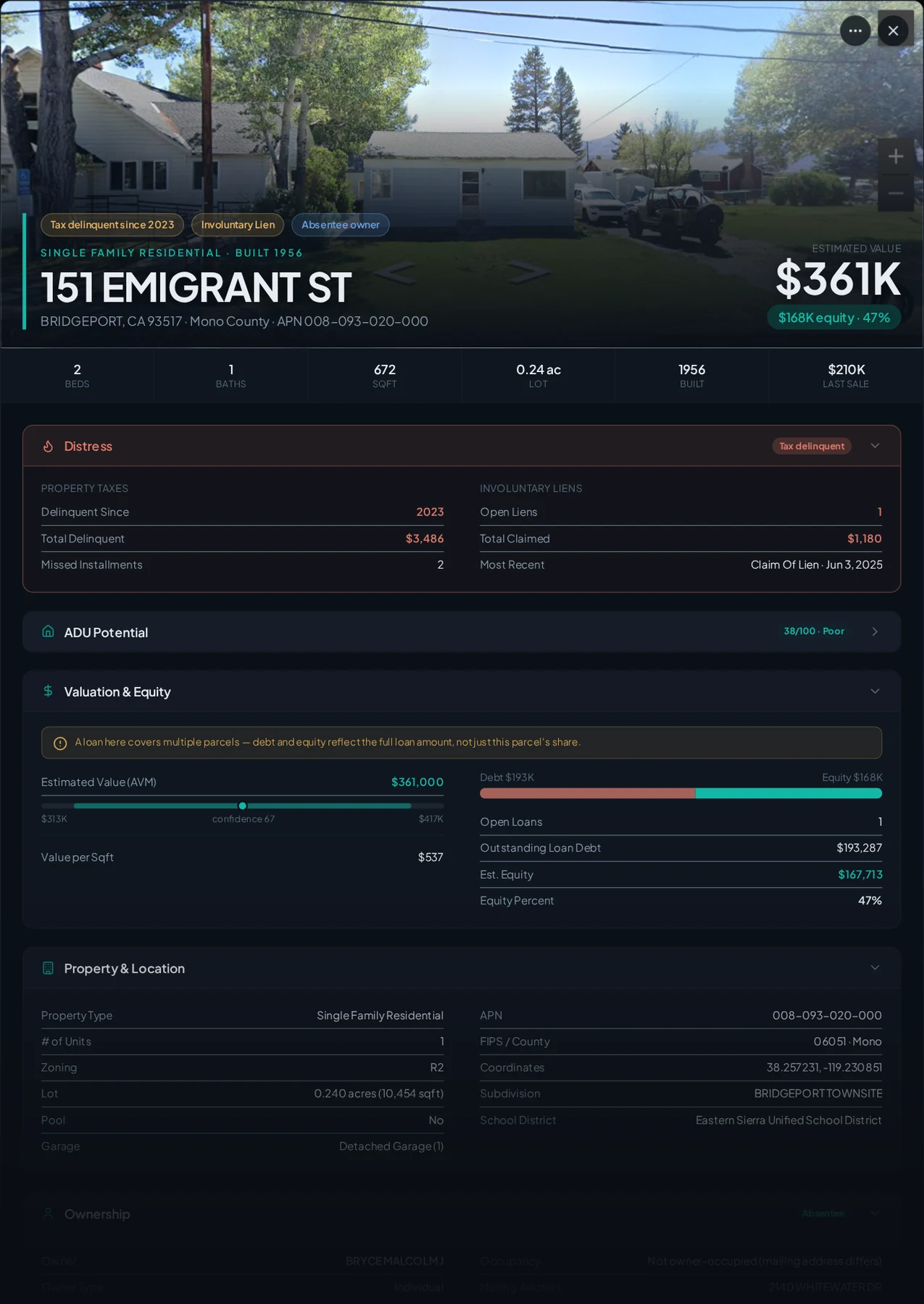 A real Mono County tax-delinquent property record in Properant — unpaid taxes, liens, owner, loans and equity on one page