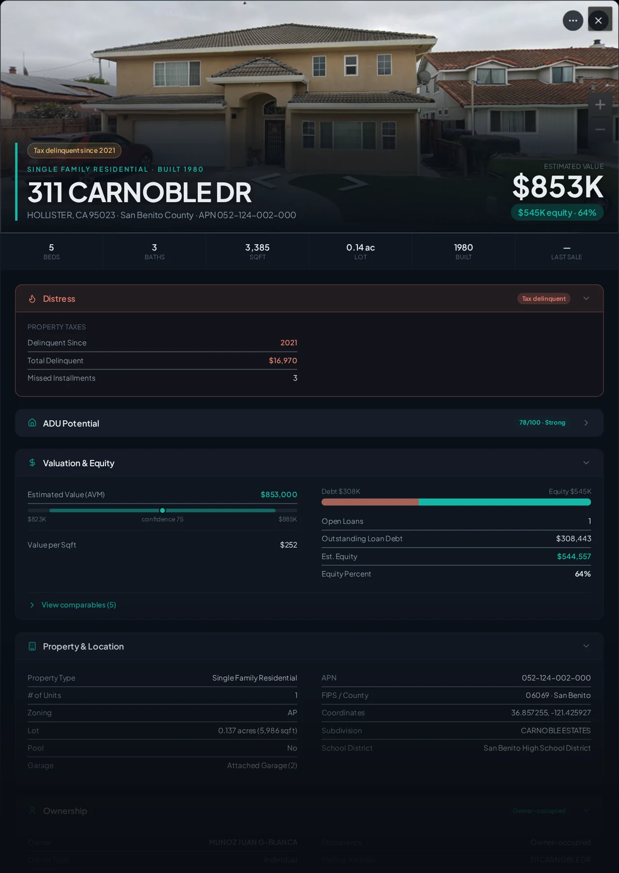 A real San Benito County tax-delinquent property record in Properant — unpaid taxes, liens, owner, loans and equity on one page