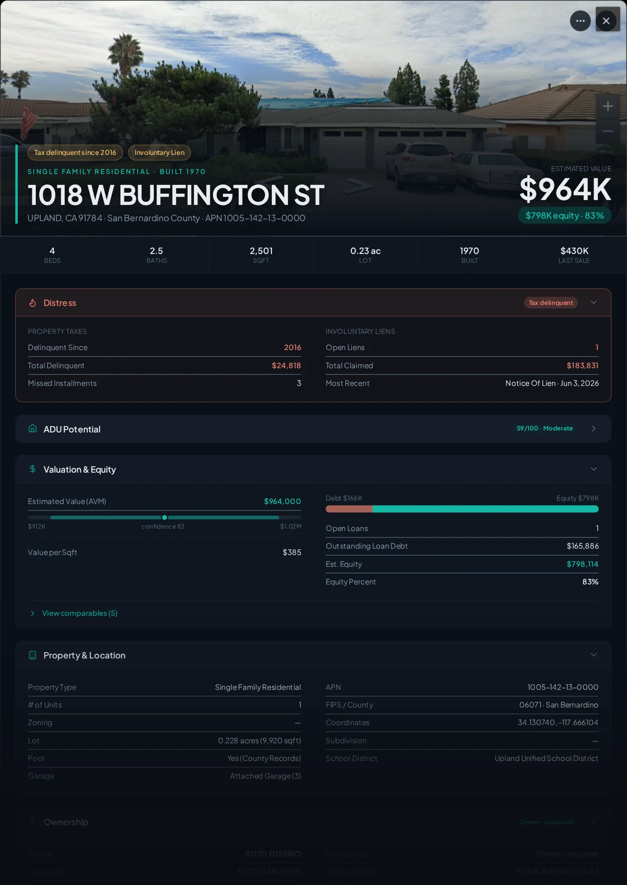 A real San Bernardino County tax-delinquent property record in Properant — unpaid taxes, liens, owner, loans and equity on one page