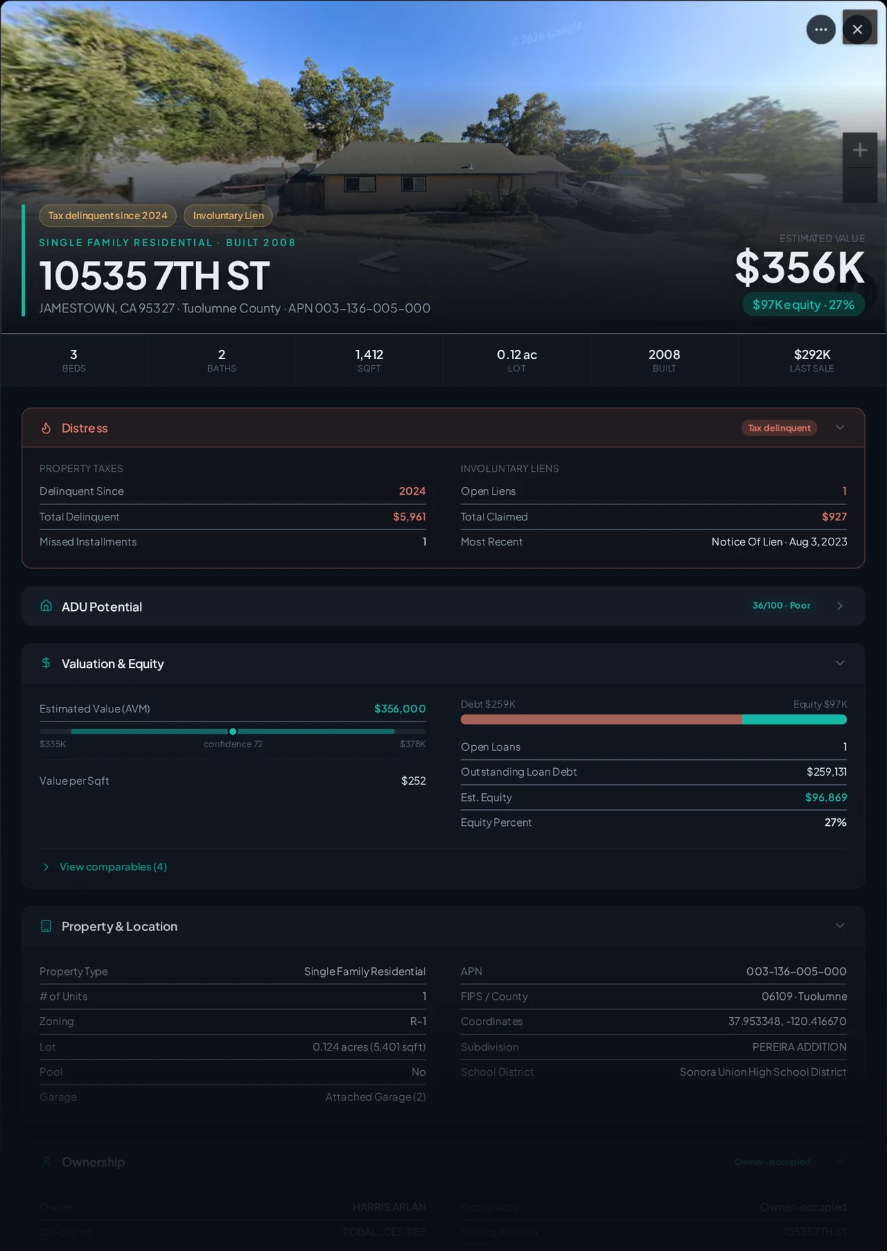 A real Tuolumne County tax-delinquent property record in Properant — unpaid taxes, liens, owner, loans and equity on one page